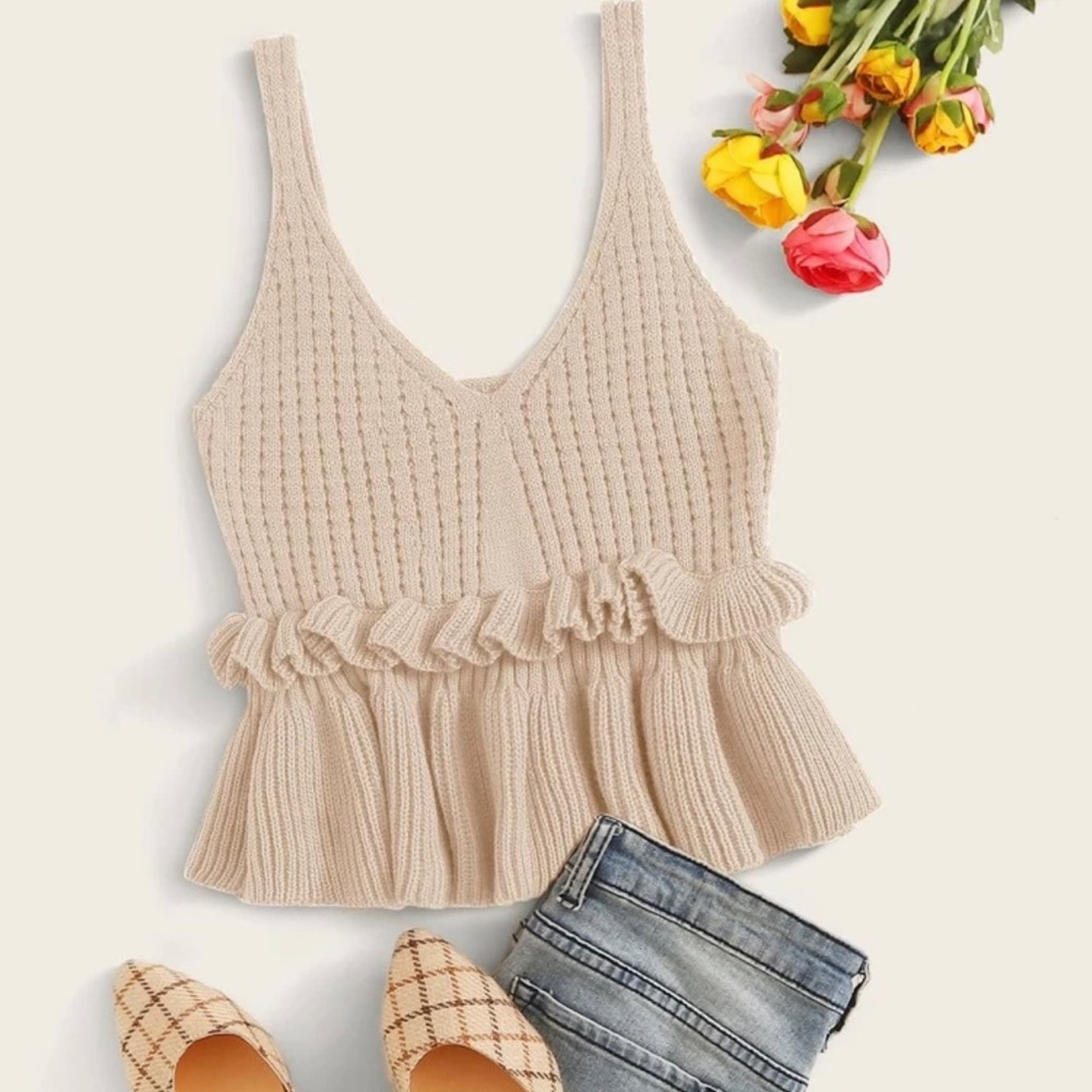 Knitted ribbed ruffle peplum crop top